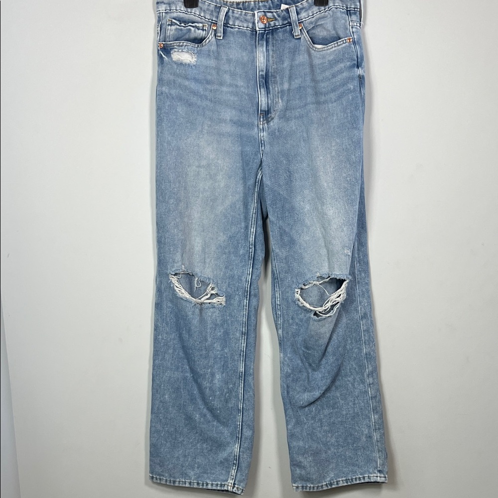 H&M Women's Distressed Light Wash Blue High Rise‎ Wide Leg Jeans Distressed